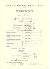 Terminsbetyg 1947 Handelsinstitutet i Åbo - koulutodistus