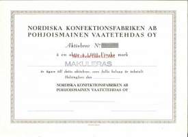 Pohjoismainen Vaatetehdas Oy 1947, 1000 mk  osakekirja, Helsinki