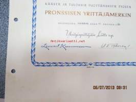Yksityisyrittäjäin Liitto / Johtaja Klaus Stenroos / Pronssinen yrittäjämerkki 1952 -myöntökirja
