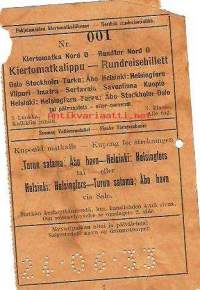 Kiertomatkalippu Turun satama Helsinki 24.6.1933 junalippu