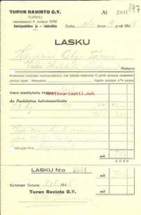 Turun Ravinto Oy/Kauppias Tuomi  Turku 4.8.1945, lasku  - firmalomakeOstolupa N:o kupongit , paahdettua kahvinvastiketta