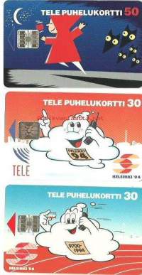 Punahilkka ja Helsinki EM -94   puhelinkortti  D41, D43II ja D24, 3 kpl