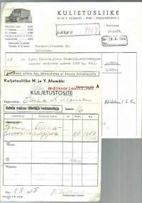 Kuljetusliike M ja Y. Alamäki Pori lasku ja kuljetustosite 1958 - firmalomake 2 kpl