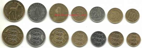 Eesti 5, 1 ja  1 krooni ja 50, 20, 20 ja 10  senti viimeiset kolikot 7 eril.