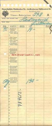 Maanviljelijäin Maitokeskus Oy Leipätehdas, tilaus mm 30 reikäleipää  - firmalomake  1953