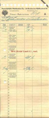 Maanviljelijäin Maitokeskus Oy Leipätehdas, tilaus mm 2 piimälimppua  - firmalomake  1953