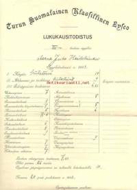 Lukukausitodistus 1930 - Turun Suomalainen Lyseo - koulutodistus