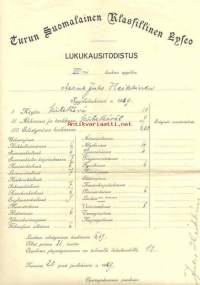 Lukukausitodistus 1929 - Turun Suomalainen Lyseo - koulutodistus