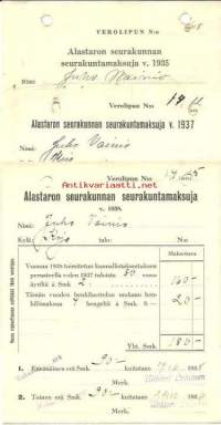 Alastaron seurakunnan seurakuntamaksuja  1935, 1937 ja 1938 - firmalomake 3 kpl