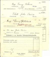 Loimaan ym kuntain Paloapuyhdistykselle Alastaron kunnan... kuitteja 1921,1936, 1937 - firmalomake 4 kpl