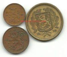 10 penniä 1926, 50 penniä 1940 Cu ja 20 mk 1939