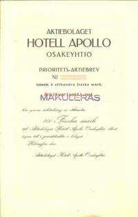 Hotell Apollo Oy , 100 mk  osakekirja, Helsinki 1917
