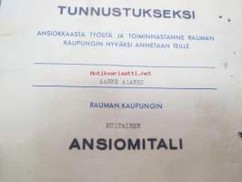 Rauman kaupungin kultainen ansiomitali- Aarne Alanko - 19.8.1967 -myöntökirja