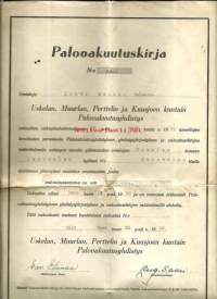 Uskelan, Muurlan, Perttelin ja Kuusjoen kuntain Palovakuutusyhdistys, Palovakuutuskirja 20.6.1950   - vakuutuskirja