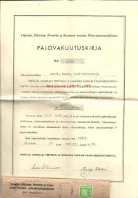 Uskelan, Muurlan, Perttelin ja Kuusjoen kuntain Palovakuutusyhdistys, Palovakuutuskirja 10.3.1953   - vakuutuskirja