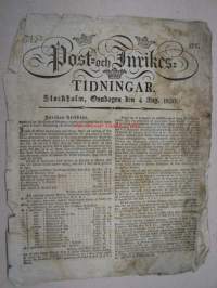 Post- och Inrikes- Tidningar 1830 nr 177 -sanomalehti, ruotsinkielinen. På svenska