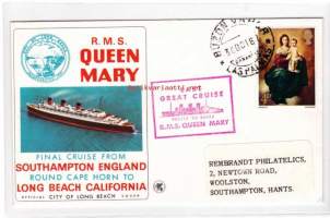 Englanti, FDC - Queen Mary-laivan viimeinen risteily Southamptonista Kap Hornin kautta Long Beachille, USA. Postitettu laivalta. Las Palmasin leima 1967.