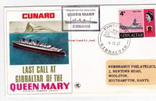 Englanti, FDC - Queen Mary-laivan  viimeinen pysähdys Gibraltarilla . Postitettu laivalta.Gibraltarin leima 4.10.1967.