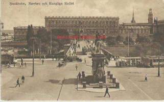 Stockholm, Norrbro och Kungliga Slottet  - paikkakuntakortti, raitiotievaunu kulkenut  30.7.1923