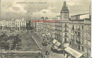 Barcelona Plaza de Cataluna - paikkakuntakortti, raitiotievaunu kulkenut 24.2.1913