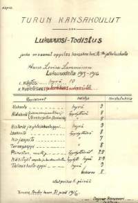Lukuvuosi-Todistus, Turun Kansakoulut 1916  - koulutodistus