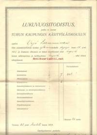 Lukuvuositodistus, Turun Kaupungin Käsityöläiskoulu 1923 - koulutodistus