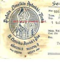 Pyhän Henrikin  Apteekki , resepti  signatuuri  pussi 1959