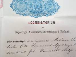 Consistorium vid Kejserliga Alexanders-Universitetet I Finland gör veterligt: att ... Medicine Licentiaten Otto Immanuel Appelberg, såsom sinnad att från