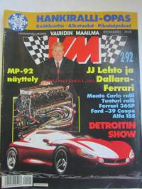 Vauhdin Maailma 1992 nr 2 -mm.  Formula 1 uutiset, Ralli-MM Monte Carlo, Dallara Ferrari 192 uutuus, Fatan Ford, Ralli-EM Tunturiralli, Detroit Auto show,