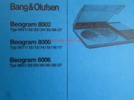 Bang &amp; Olufsen Beogram 8002, 8000, 6006 -Huolto-ohjekirja, katso tarkemmat tyyppimerkinnät kuvista