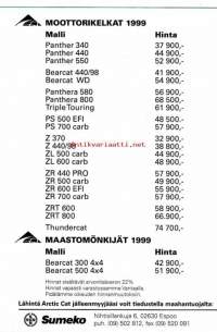 Arctic Cat moottorikelkka- ja mönkijähinnasto, 1999. Hinnasto, myyntiesite.