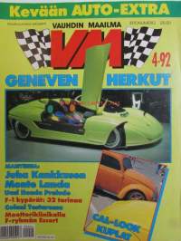 Vauhdin Maailma 1992 nr 4 -mm. VM maistelee Juha Kankusen Monte Lancia Martin Holmes pääsi maiskuttamaan, Formula 1 GP:t Kyalami ja Mexico, F1 Kuskien kypärät,