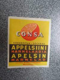 Consa sokeroitua / sockrad Appelsiinimarmelaadia / Apelsin marmelad - Consa Konservfabrik, Mariehamn -etiketti