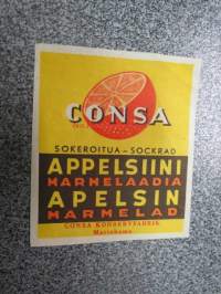Consa sokeroitua / sockrad Appelsiinimarmelaadia / Apelsin marmelad - Consa Konservfabrik, Mariehamn -etiketti