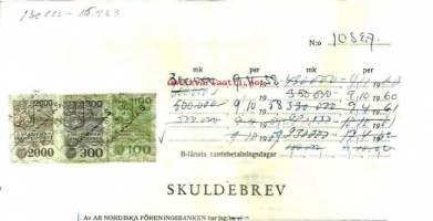 Skuldbrev 1957-1962 Nordiska Föreningsbanken - velkakirja  8 sivua / leimamerkkejä 30 kpl