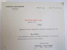 Vampulan Osuusmeijeri Vampula elokuun 19. 1939 -asiakirja