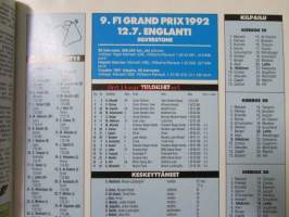 Vauhdin Maailma 1992 nr 8 -mm. Ralli-MM Uusi-Seelanti ja Argentiina, Formula 1 Englanti Ranska ja Saksa, Rauno Aaltosen ajokuolu, Alastaron Nitro-drag, Motofoto,