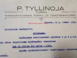 P. Tyllinoja Kangastavarain tukku- ja vähittäiskauppa Turku, Turussa lokakuun 11. 1923. -asiakirja