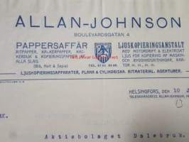 Allan-Johnsson Pappersaffär Ljusopierringsanstalt Helsingfors, Helsingfors 10 januari. 1921. -asiakirja