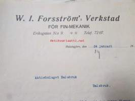 W. I. Forsström&#039;s Verkstad för Fin-Mekanik, Helsingfors 24. januari 1921. -asiakirja