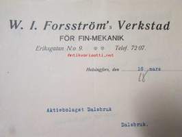 W. I. Forsström&#039;s Verkstad för Fin-Mekanik, Helsingfors 16. mars 1921. -asiakirja