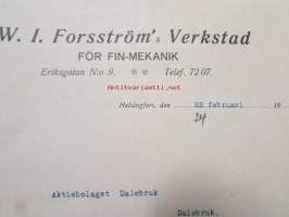 W. I. Forsström&#039;s Verkstad för Fin-Mekanik, Helsingfors 22. febjuari 1921. -asiakirja