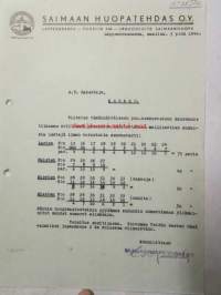 Saimaan Huopatehdas O.Y. Lappeenrannassa maaliskuun 5. 1946 -asiakirja