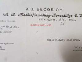 A.B. Maskinförmedling-Konevälitys O.Y., Helsingfors 18/11 1921. -asiakirja