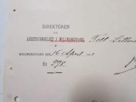 Direktören Arbetsfängelset i Willmanstrand, Willmanstrand 16 april 1891 1921. -asiakirja