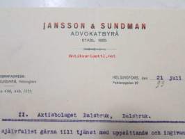 Jansson &amp; Jansson Advokatbyrå, Helsingfors 21. juli 1921 -asiakirja