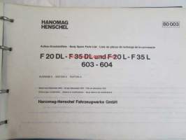 Hanomag Henschel, Body F 20 DL- F 35 DL und F 20 L- F35 L, 603-604, - F46KA-L, Ausgabe A 1972 -Varaosakirja, Katso tarkemmat moottori ja mallimerkinnät.