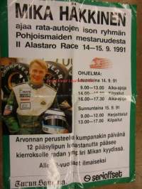 Mika Häkkinen ajaa rata-autojen ison ryhmän Pohjoismaiden mestaruudesta II Alastaro Race 14-15.9.1991. - tapahtumajuliste