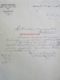 Oscar Isaksson Kangas-turkki-lakki-hattukauppa, Hämeenlinna joulukuun 9 1922. -asiakirja