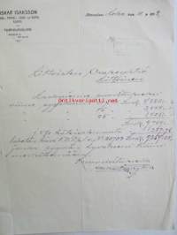 Oscar Isaksson Kangas-turkki-lakki-hattukauppa, Hämeenlinna lokakuun 11. 1922. -asiakirja